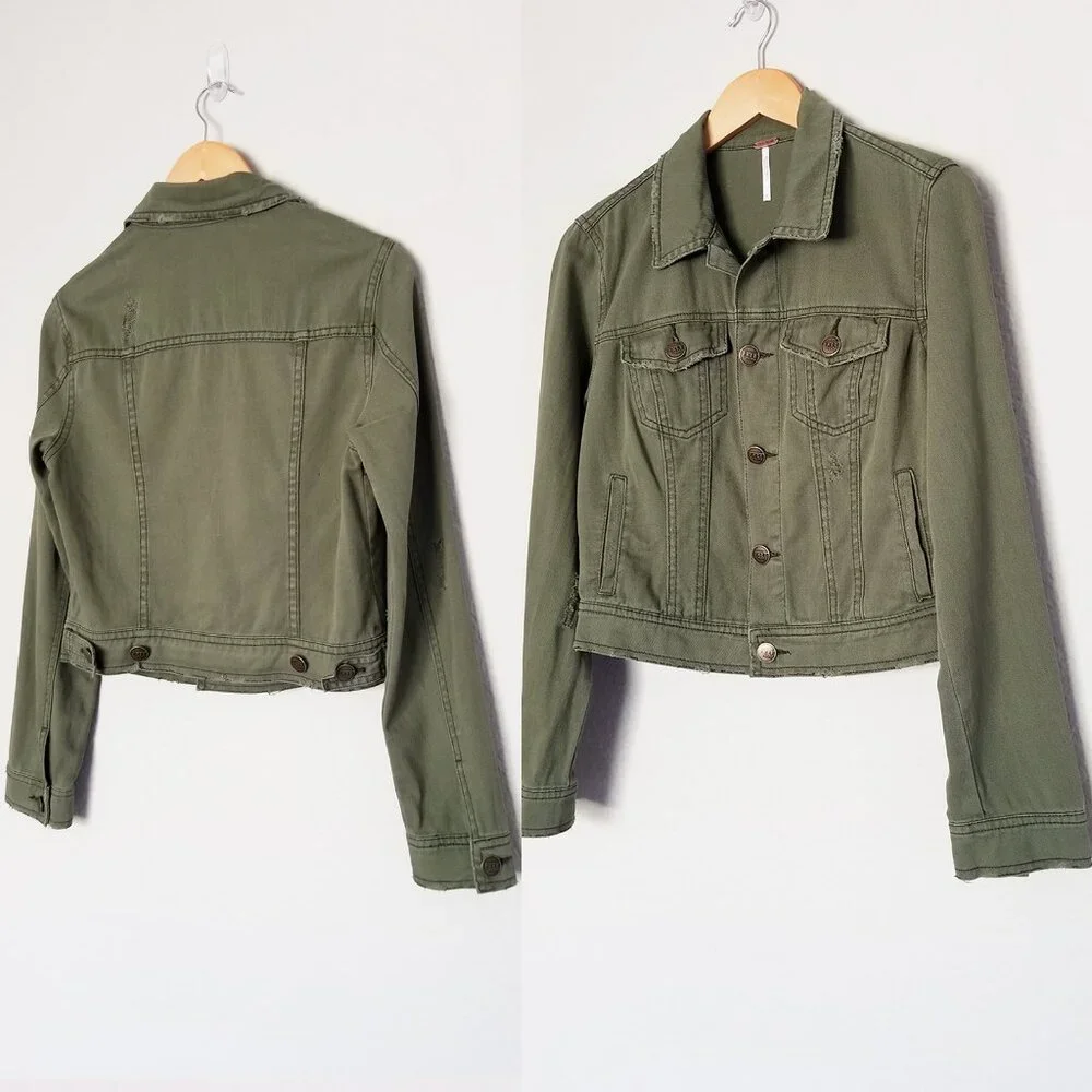 Free People Olive Army Green Distressed Crop Denim Jacket Size 4 100% Cotton - Picture 15 of 15